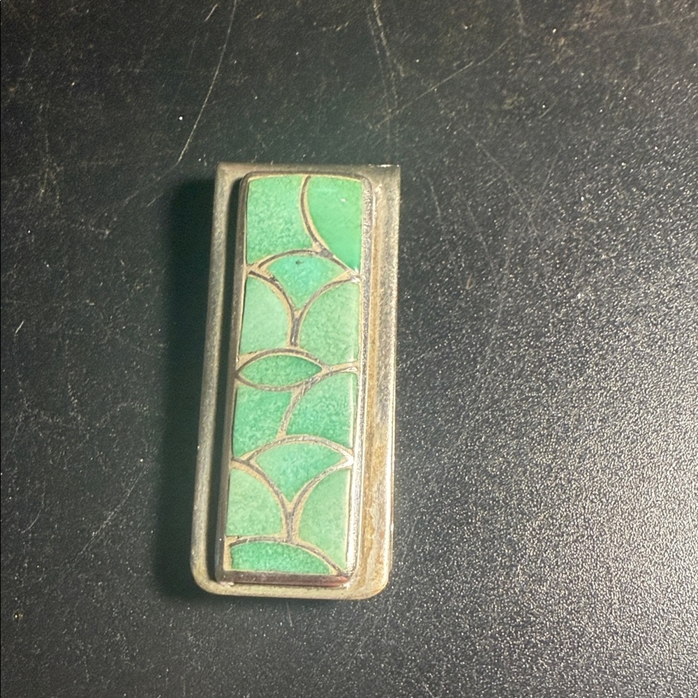 handmade Zuni sterling silver money clip with inlaid turquoise.